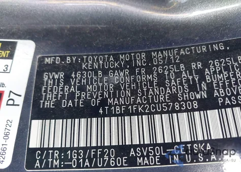 2012 Toyota Camry Se из США, поврежденный, VIN 4T1BF1FK2CU578308